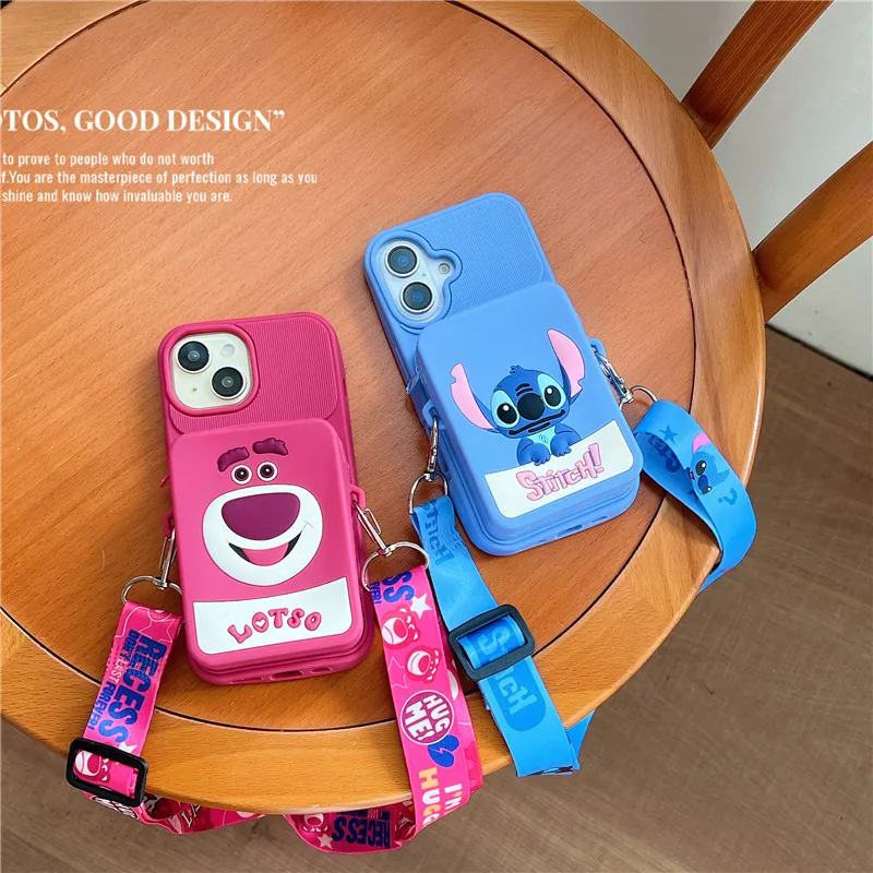 Disney-Stitch Lotso Pocket Phone Case for iPhone Messenger Bag Silicone Cover Toy Story iPhone 11 12 13 14, 15, 16 Pro Max, Plus