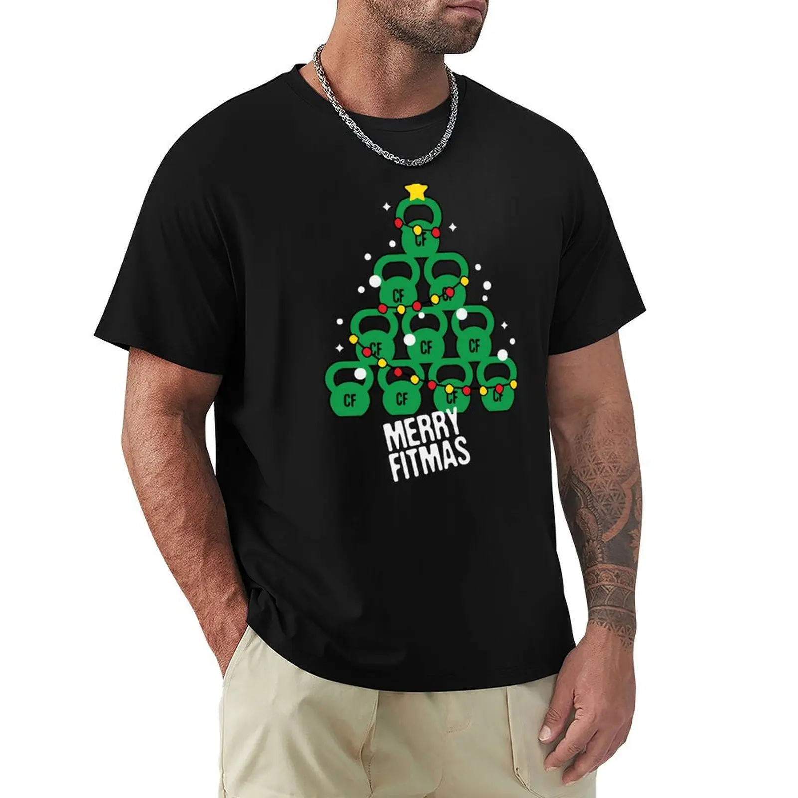 Kettlebell tree, Merry Christmas tree, Xmas workout, Merry Fitmas, Weightlifter T-Shirt Simple Solid Color Crew Neck Tee