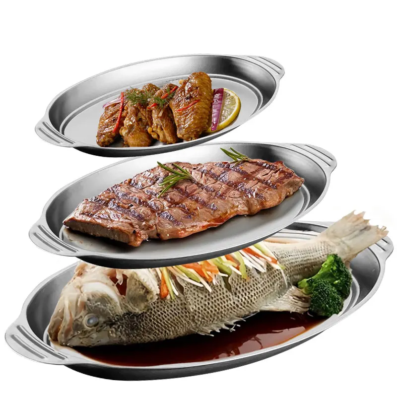 Juego de 3/6 bandejas de servir ovaladas grandes de acero inoxidable, bandeja de servir ovalada de metal resistente para pescado, postre, carne, sushi