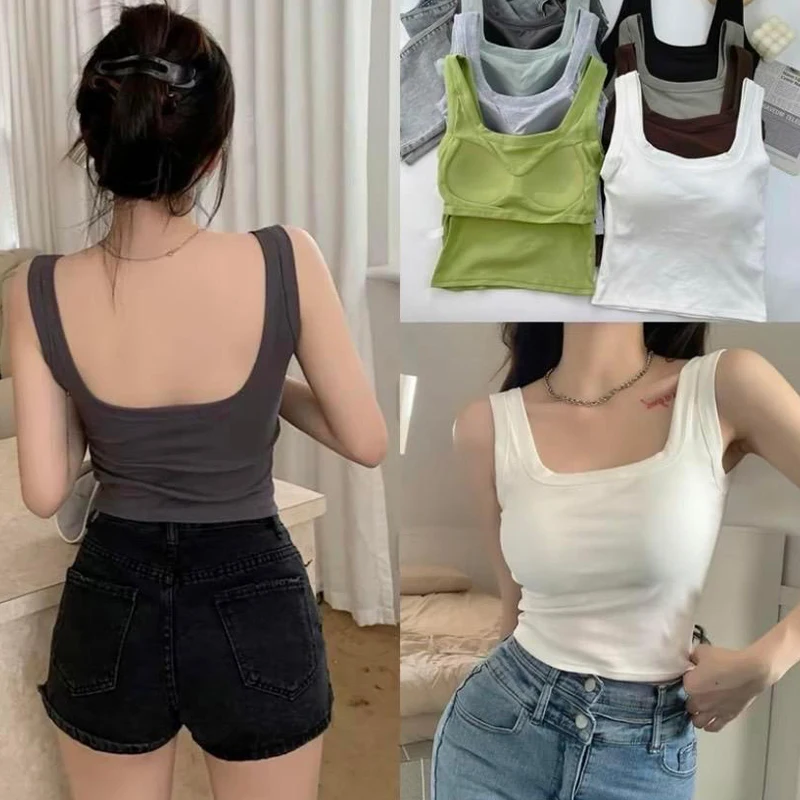 

Korean Women's Solid Color Square Neck Backless Sleeveless Slim Camisole With Breast Pad