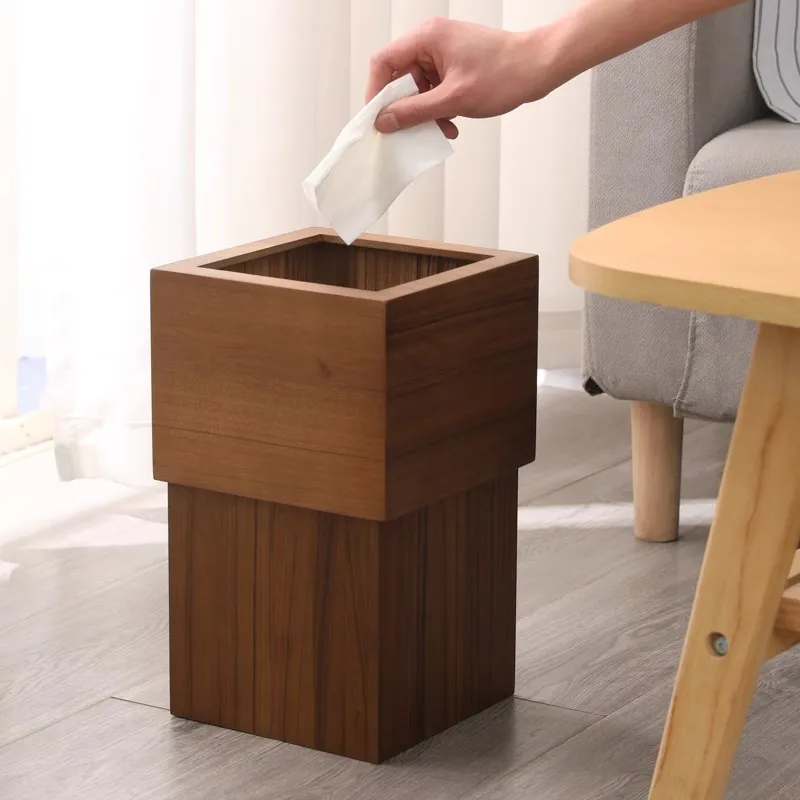 Wooden square black walnut color trash can Solid wood paper basket Household living room Bedroom Office garbage storage bucket