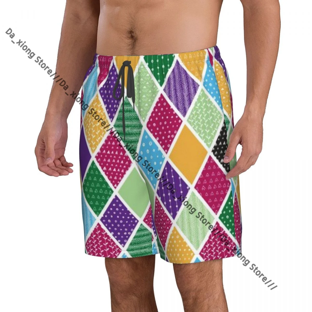 Mens Swimming Shorts Swimwear Patchwork Geometrical With Floral Elements Trunks Swimsuit Beach Wear Boardshorts