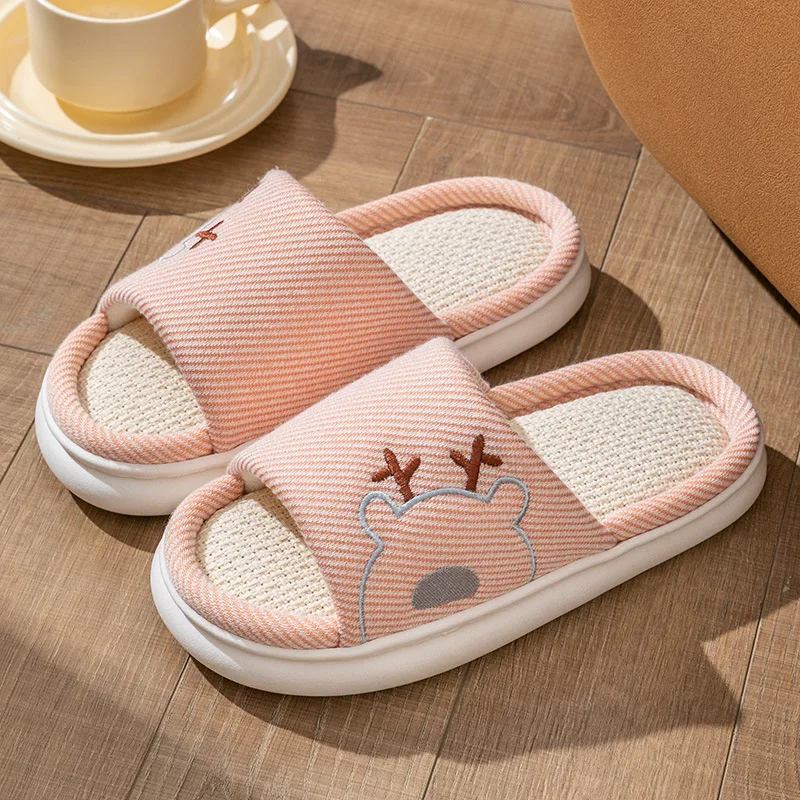 Linen Slippers with Thick Soles for Men and Women, All Season Household Couple, Indoor Anti Slip and Silent Home Cooling Mop