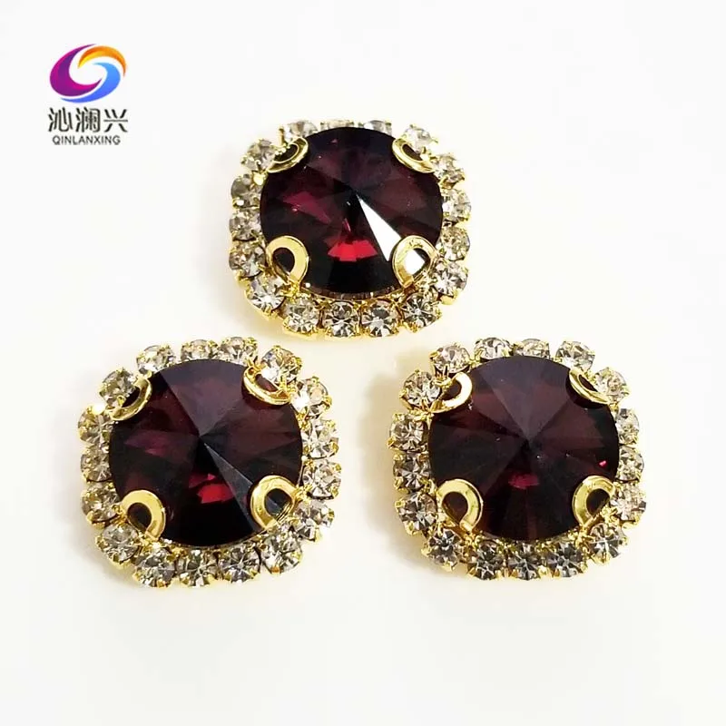 Wine Red Color Glass Crystal Rhinestones, Golden Bottom Round Shape Buckle, Used for Needlework, Diy Sewing Accessories