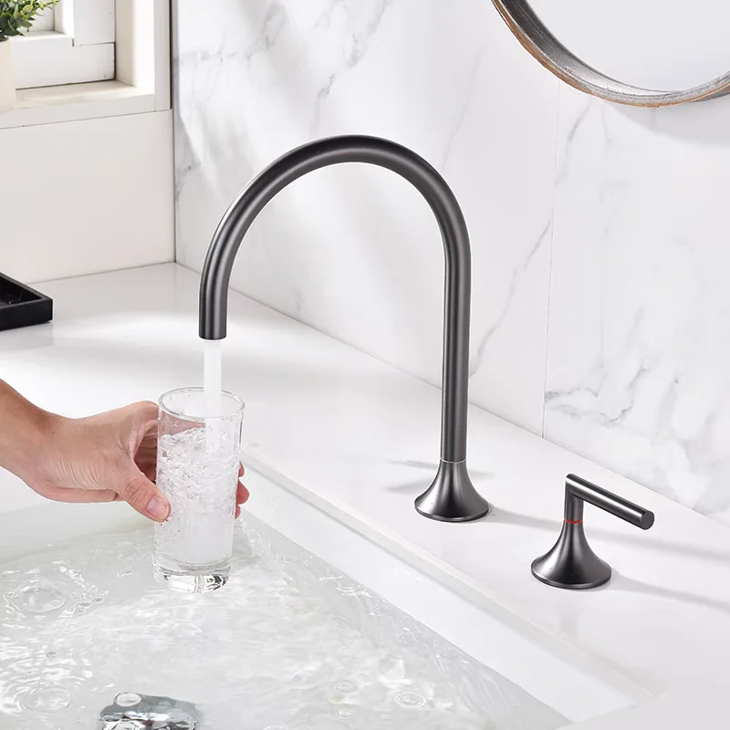 

Цельномедный двухвентильный смеситель для раковины, для домашней ванной комнаты, цвет серый металлик, двухсекционный, для горячей и холодной воды.