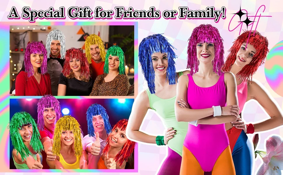 1/6 Stück Bunte Folien-Glitzerperücken Metallische Disco-Haarteile für 80er-Jahre-Cosplay Halloween Karneval Party Foto-Requisiten Kopfbedeckung – Detail 5