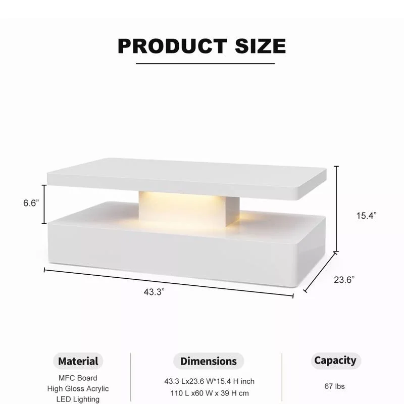 Modern High Glossy White Coffee Table with 16 Colors LED Lights,Rectangle Table.