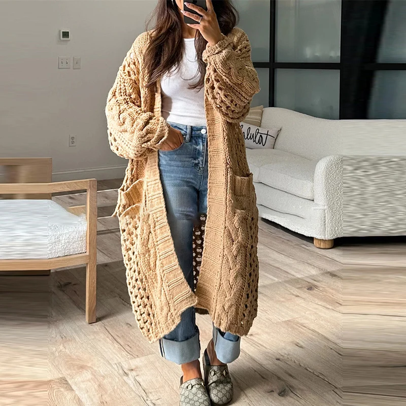 2024 Casual Solid Color Pocket Coat Ladies Elegant V Neck Hollow Knitted Cardigan Autumn Winter Thick Warm Loose Sweater Outwear