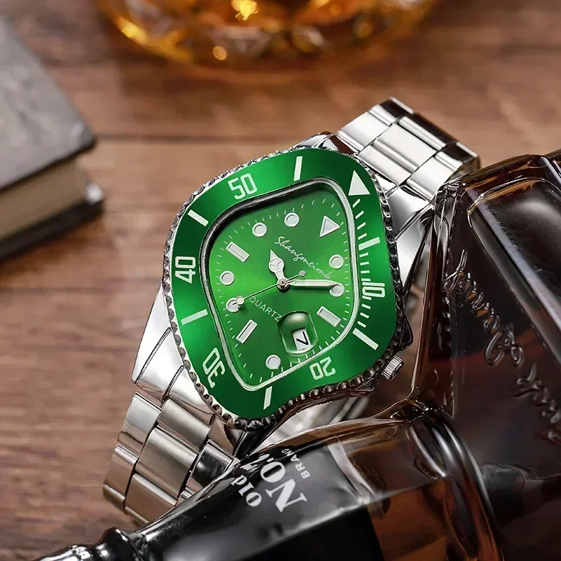 Watch for Men Unusual Conceptual Crash Melting Twist Shaped Case Quartz Wristwatch Male Man Rhombic Green Clock luxury watch