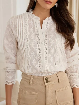 

Новая коллекция Весна 2026: Женская свободная блузка с длинным рукавом в стиле французского ретро с кружевной вышивкой и воротником-стойкой, полупрозрачная, для повседневной носки