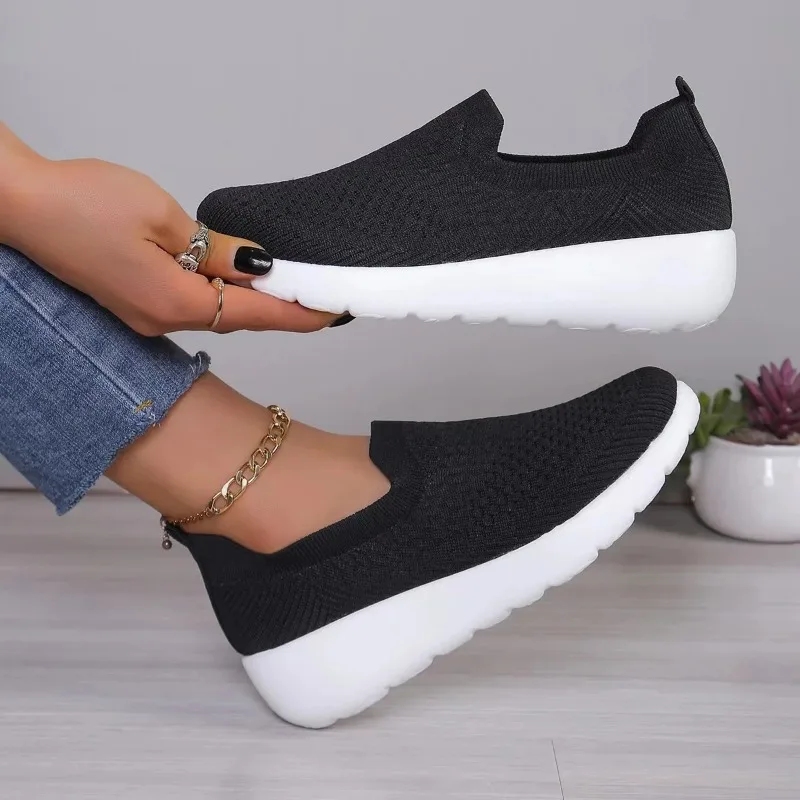 Women's Sneaker Fashion Round Toe Knit Breathable Slip-On Casual Running Shoes Size 36-43 Purple/Black/Grey