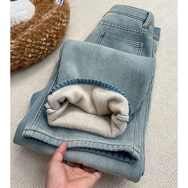 

Korean Women Winter Thick Jeans Belt Heart Embroidery Vintage Denim Pants High Waisted Slim Casual Street Simple Trousers