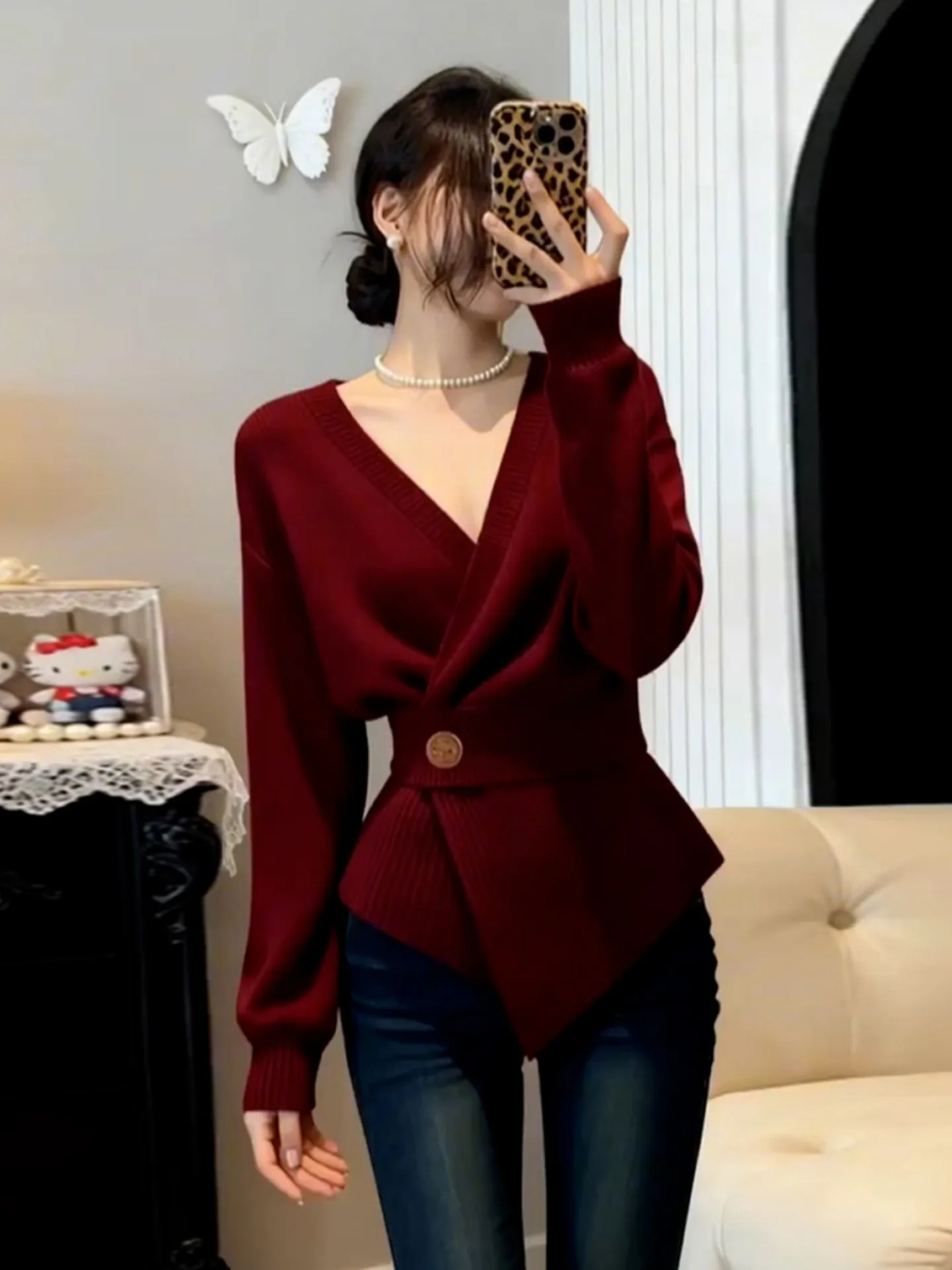 

Ретро-красный вязаный свитер с V-образным вырезом для женщин, осенне-зимняя новинка, базовая одежда, высококачественный, мягкий, длинный, для повседневной носки