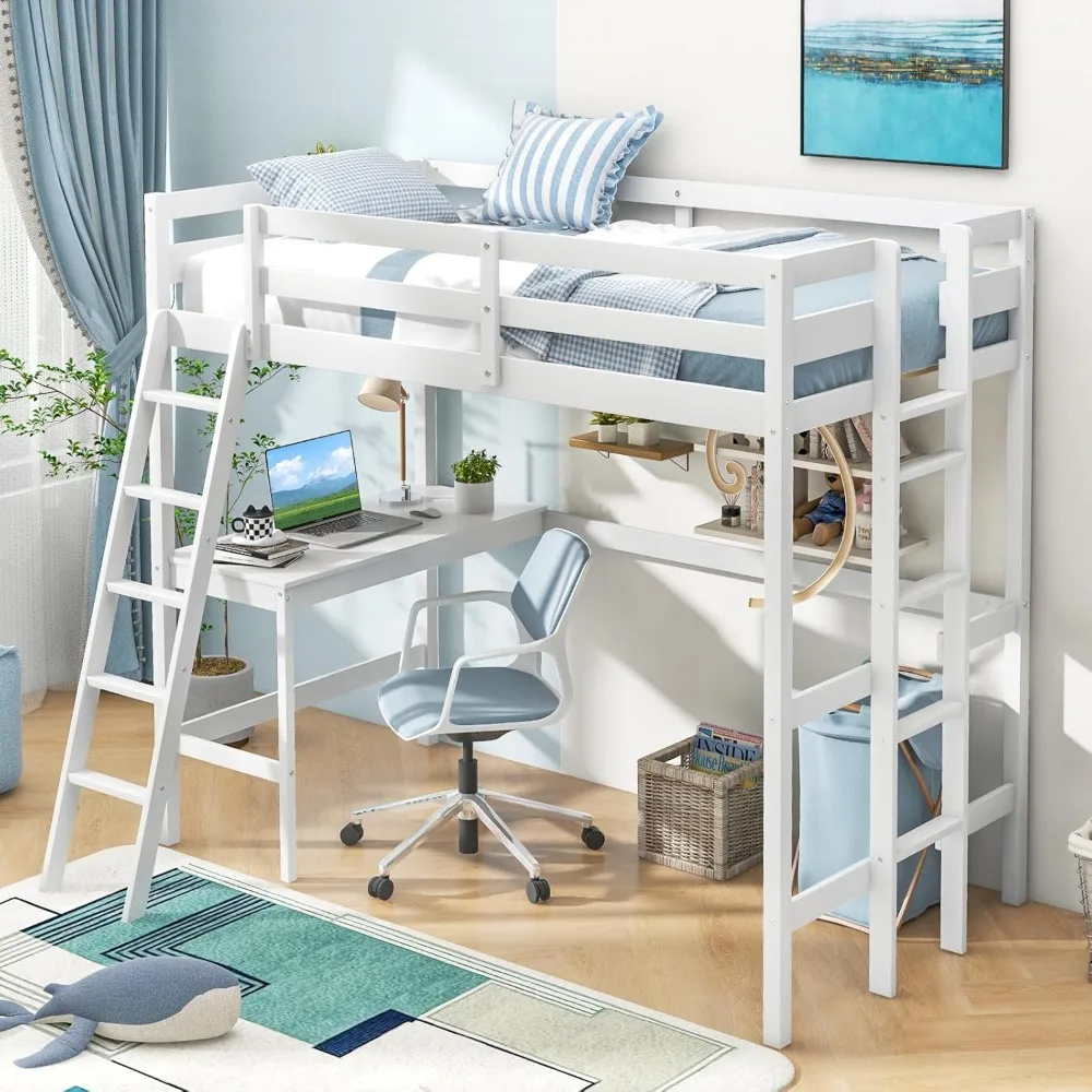 Twin Size Loft Bed with Desk, Solid Wood Loft Bed with 2 Ladders & Full Length Guardrail, Modern Space-Saving Twin Bed Frame