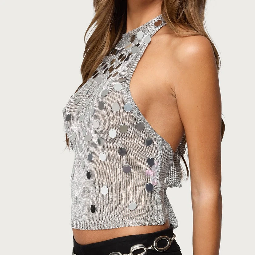 Y2K Women's Halter Neck Sleeveless Tank Top Shiny Sequins Open Back Slim Fit Going out Party Top