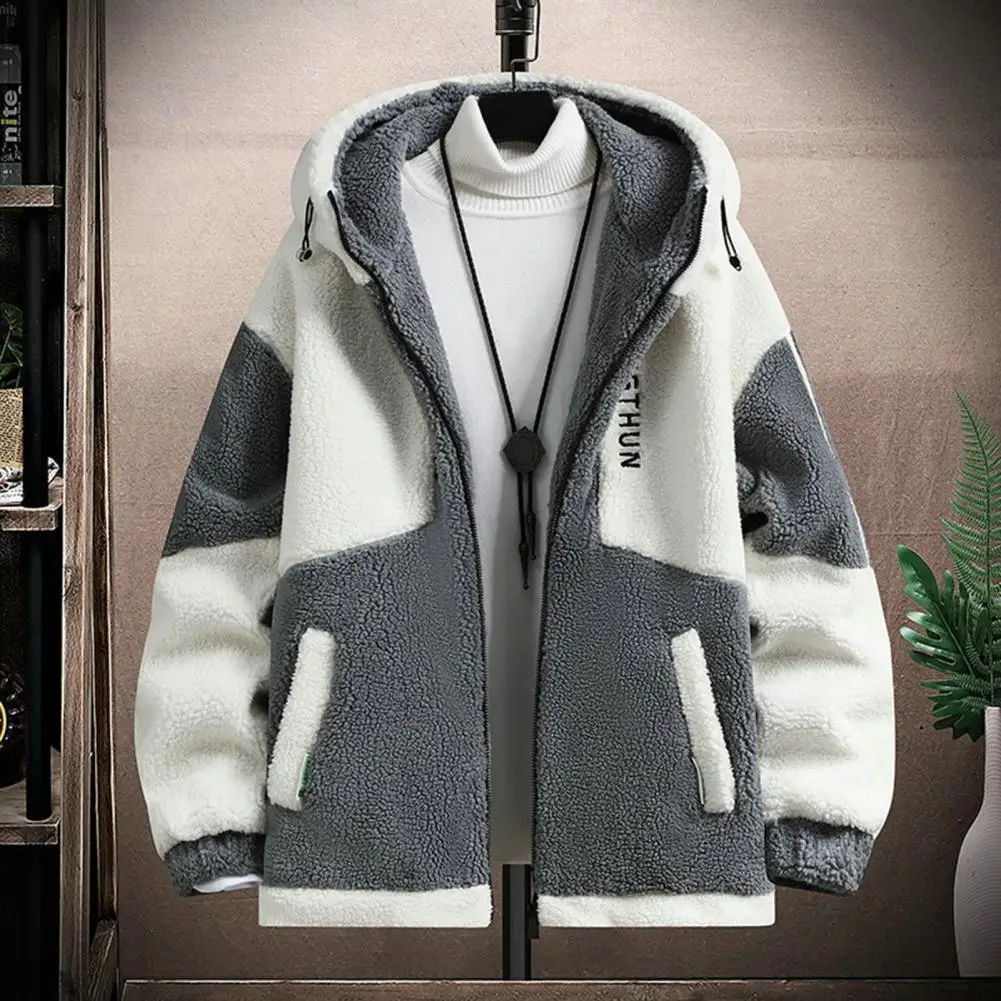 Men Polar Fleece Jacket Stylish Colorblock Hooded Men's Jacket Warm Plush Resistant with Zipper Closure Long Sleeves Pockets