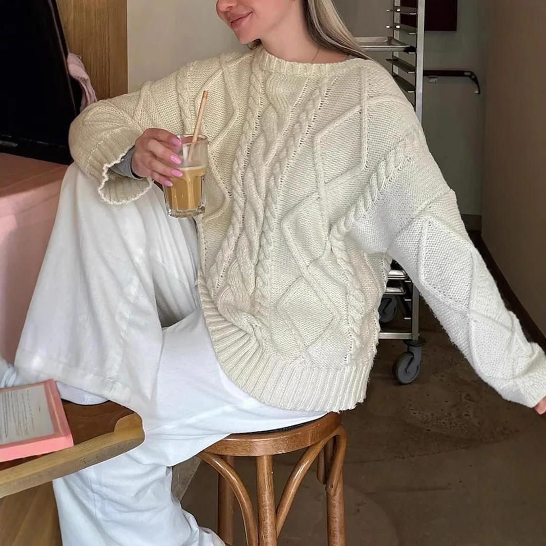 

Women Y2k Pullovers Jumpers Cable Knitted Sweaters Round Neck Long Sleeves Loose Fit Office Lady Casual Autumn Winter 2025