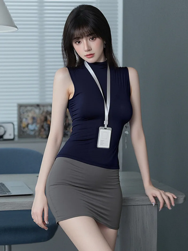 

Сексуальная униформа секретаря в зрелом стиле, комплекты SM Pure Desire для женщин, комплекты юбок без рукавов с круглым вырезом и запахом на бедрах, очаровательные огненные 4VUX