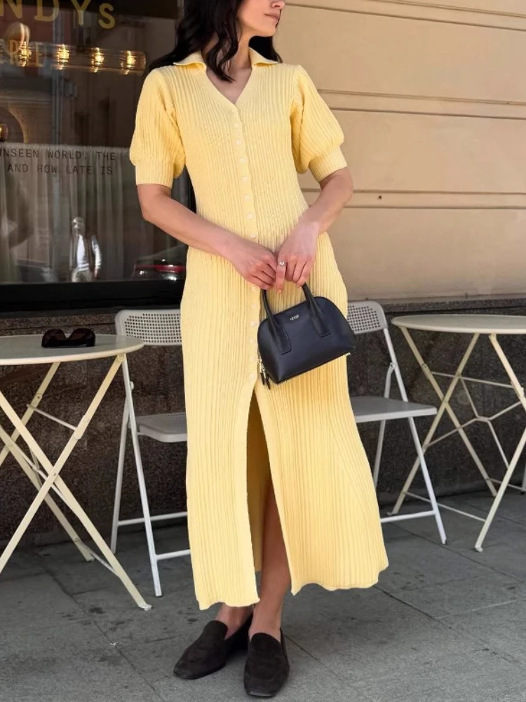 

Новое однорядное платье на пуговицах с пышными рукавами, лимонно-желтое винтажное модное платье в европейском стиле 2025 года, сексуальное вязаное платье на весну и лето