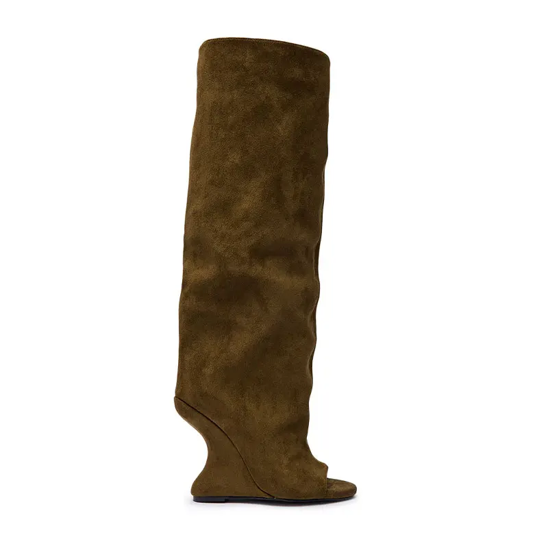 2026 Retro Women Peep Toe Suede Slouch Knee High Tall Boots Unique Sculpt Wedge Heel Club Party Shoes, Khaki Red Grey Olive