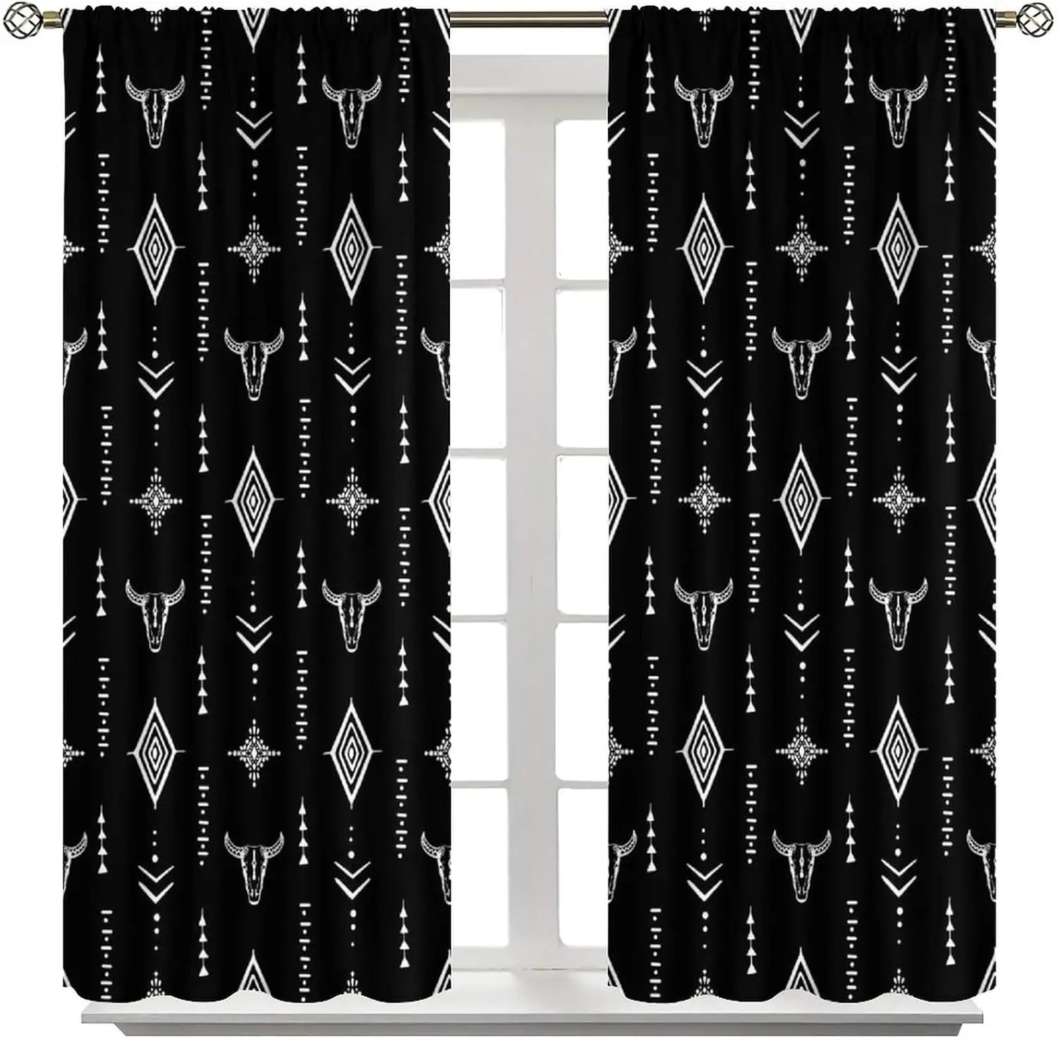 Black White Western Bull Skull Geometric Blackout Rod Pocket Curtain Aztec Tribal Decor Farm Homestay Bedroom Rest Bay Window
