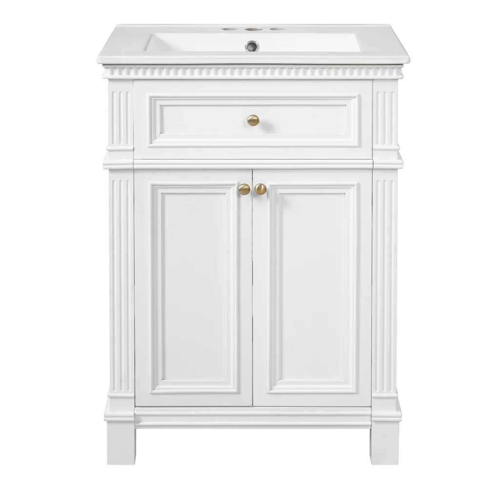 

24'' Vintage Elegance Bathroom Cabinet with Soft Closing Doors and Adjustable Shelf, Bathroom Vanity with Ceramic Sink