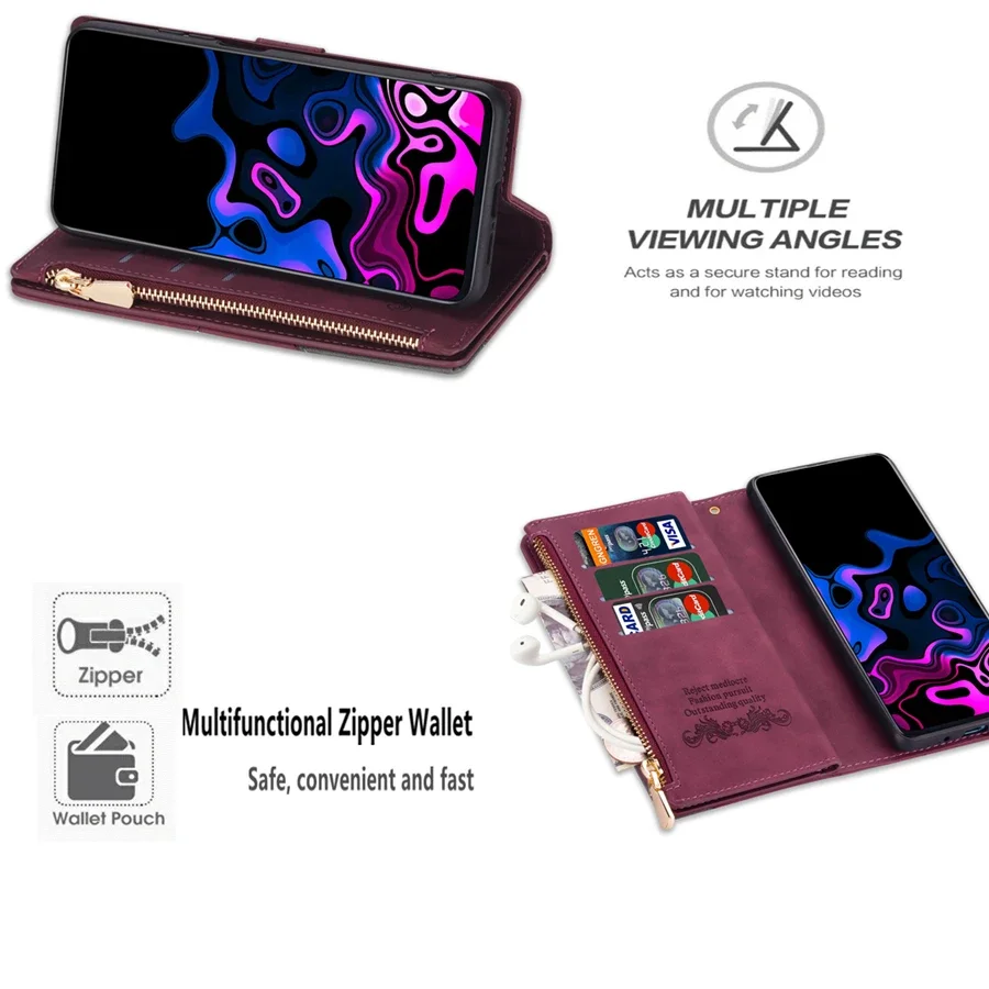 Wallet Line Splicing Card Slot Zipper Flip Leather Case For Samsung Galaxy S25 Ultra S24 FE S23 Plus S22 S21 S20 Note 20 10 Lite