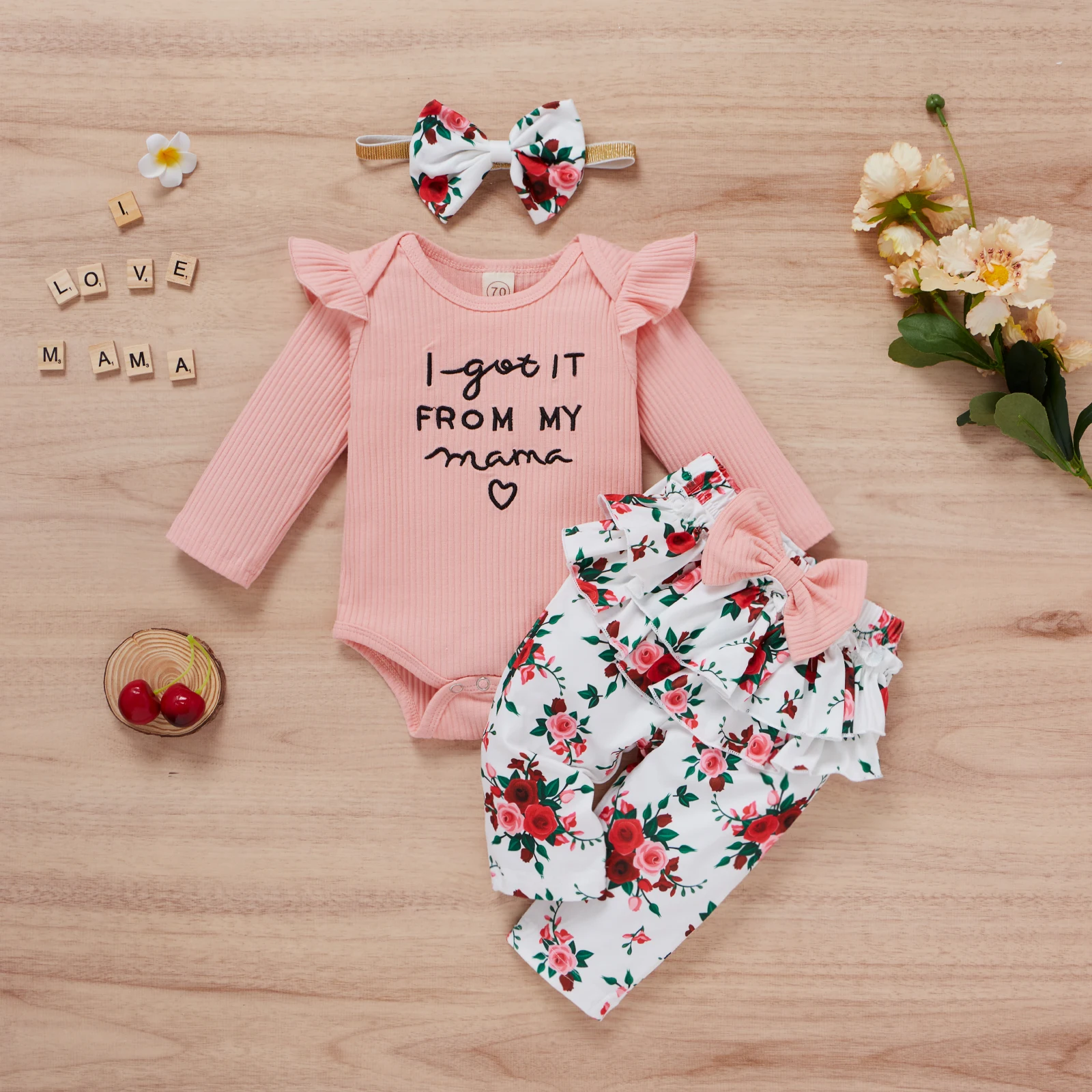 3PCS Spring New Style For 0-2-Year-Old Girls And Babies Casual Letter Printed Long Sleeves + Printed Trousers + Hair Band Set