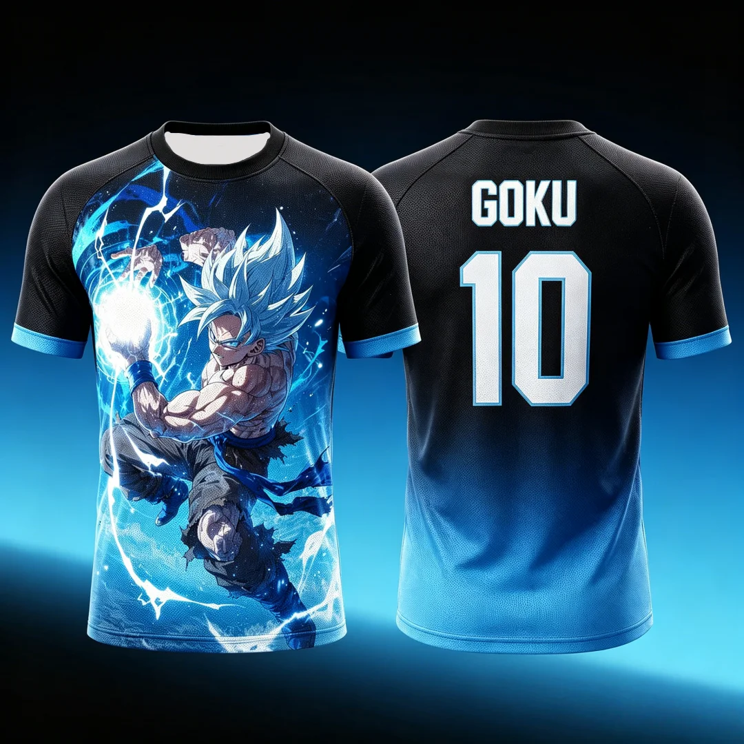 2026 Dragon Ball ZGoku Super Saiyan Blue T-shirt - Summer Sports Jersey for Dad & Kids Anime Neon Blue Print Number 10 Tee Tops