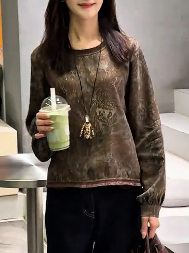 

Женский топ больших размеров с эффектом похудения, длинными рукавами и круглым вырезом, модный, универсальный, осенняя новинка, элегантный французский стиль.