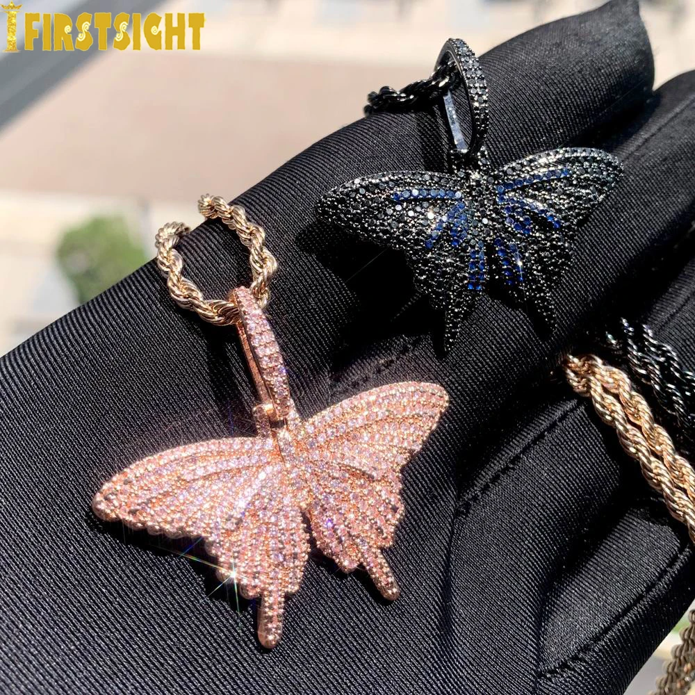 Neue vereiste bling Schmetterling Anhänger Roségold Farbe aaa kubischen Zirkon Tier Charme Männer Frauen Hip Hop Halskette Rock Schmuck