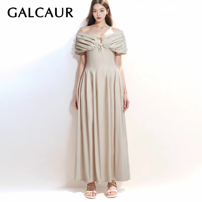 

GALCAUR Backless Slimming Dress For Women Slash Neck Short Sleeve High Waist Hollow Out Spliced Lace Up A Line Dresses Female