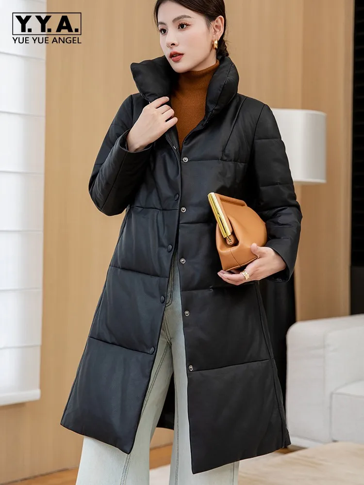 Winter Warm Stand Collar Women Genuine Leather Down Coat Single Breasted Loose Fit New Casual Medium Length Sheepskin Overcoat