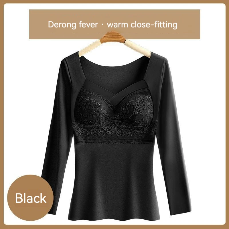 Autumn and Winter New German Velvet Warm Bottom Integrated Bra Lace Long Sleeve Comfortable Underwear for Women