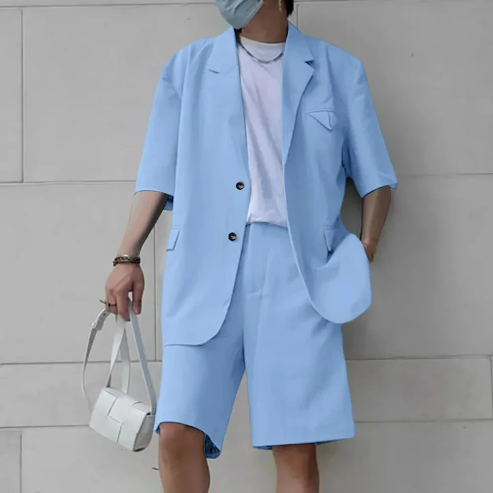 

Summer Blue 2 Pieces Jacket Short Pants Single Breasted Casual Daily Work Men Suits Commute Social Party Custom Male Suits