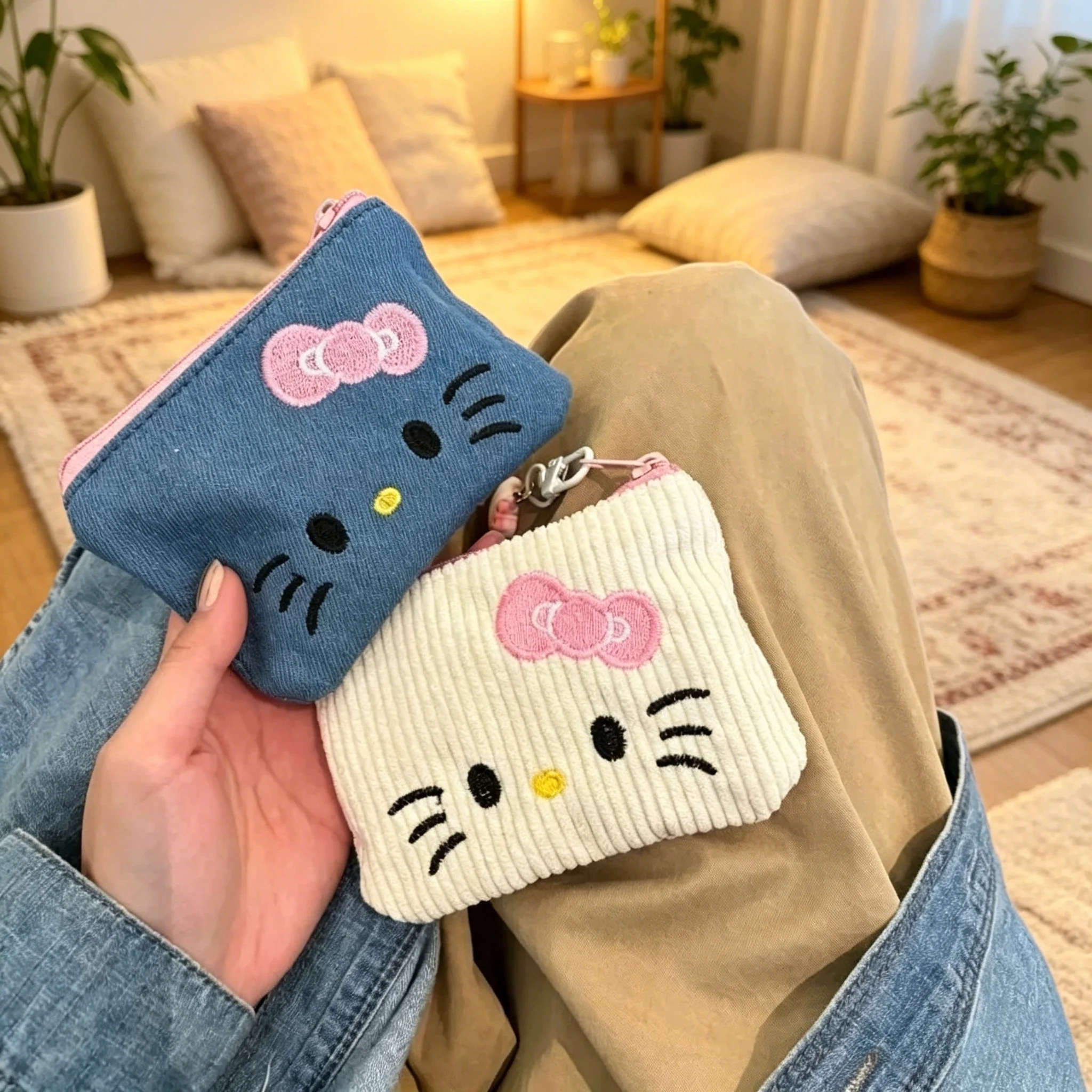 

Стильная портативная сумка-кошелек Hello Kitty с вышивкой, мини-сумка для хранения, милая дорожная сумка с мультяшным дизайном