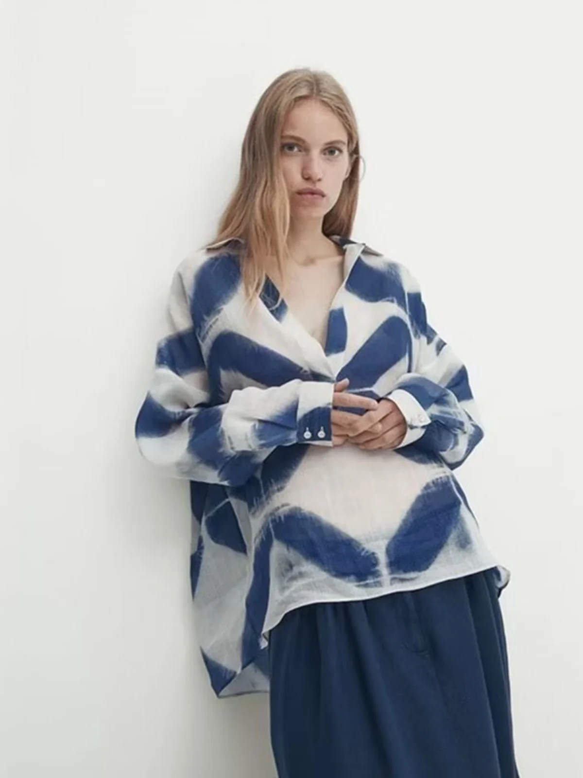 Losse artistieke Sle Long Sve Ne blauw katoen linnen print irt voor dames herfst nieuwe collectie vrijetijdskleding