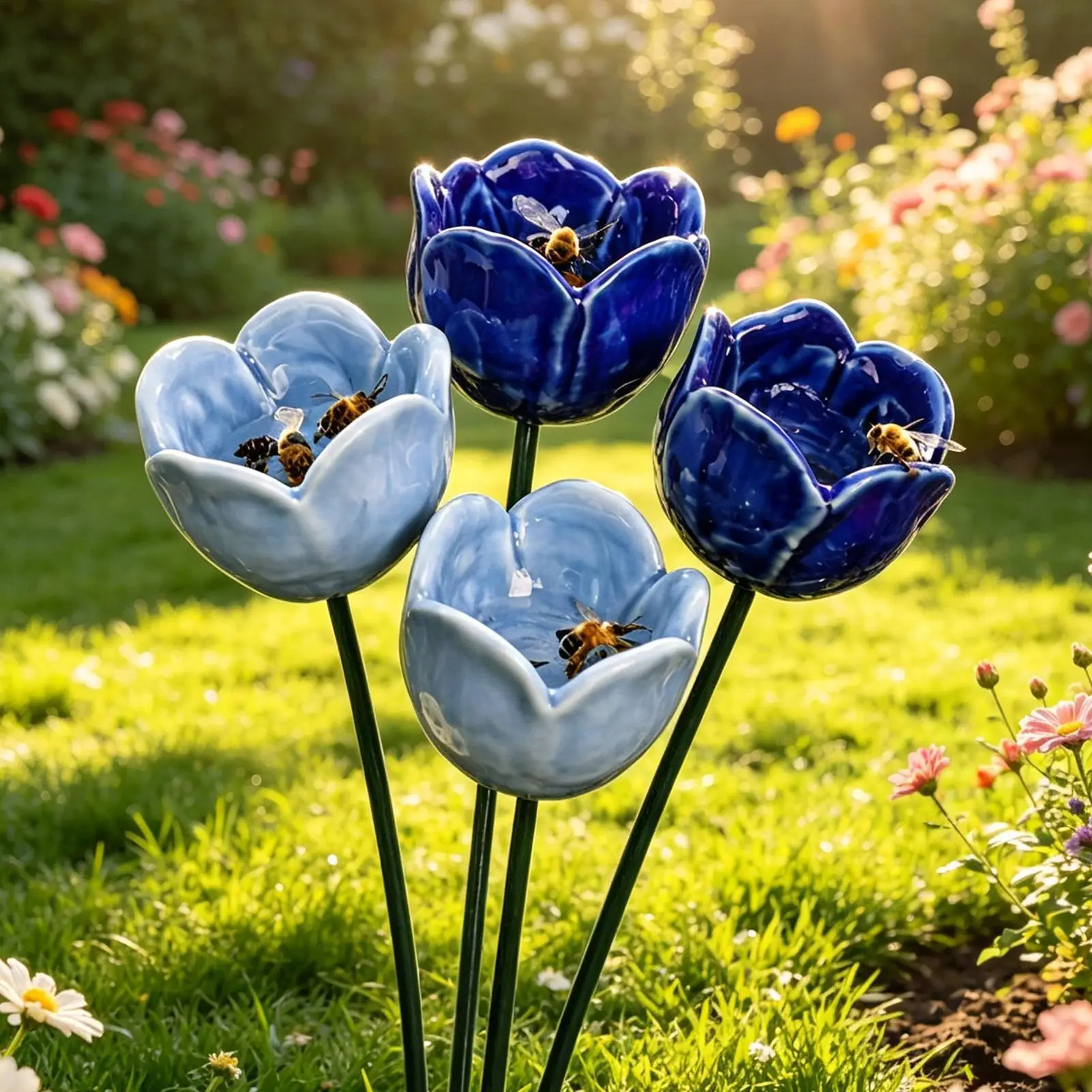 4pcs Bee Watering Station Ceramic Flower shaped Garden Stake Bird Bath Butterfly Water Feeder Outside Bird Bath Bowl