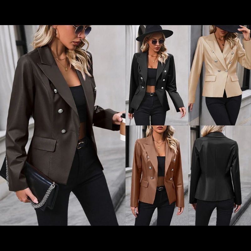 

Faux Leather Women Pu Coats Turn Down Collar Full Sleeve Y2k Streetwear Elegant Splice Coat Work Slim Fit Autumn Winter