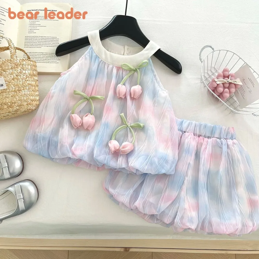 

Bear Leader 2025 Summer New Sweet Girl Clothes Blue Pink 3D Flower Hanging Neck Top+Shorts Casual Children's Sets 3-7 Year Old