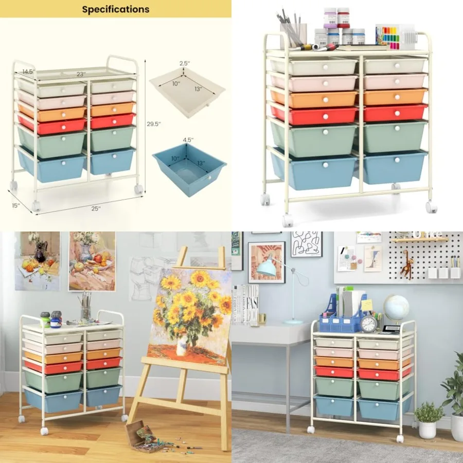 

12 Drawer Rolling Storage Cart Tools Scrapbook Paper Office School Organizer Macaron
