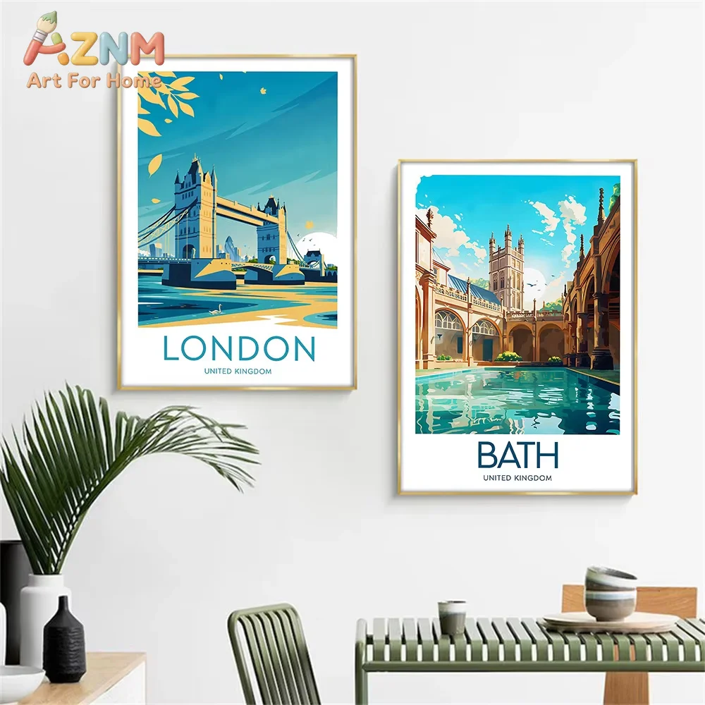 AZNM Vintage Europe Travel Canvas Wall Art Frameless Print, London Barcelona Bath City Landscape Poster, Home Living Room Decor