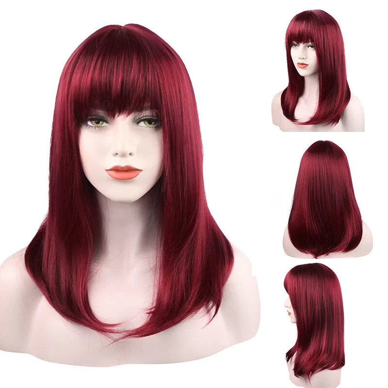 

Women Wig Wine Red Wig Long Straight Wig Ladies Human Hair Wig Wig Cap