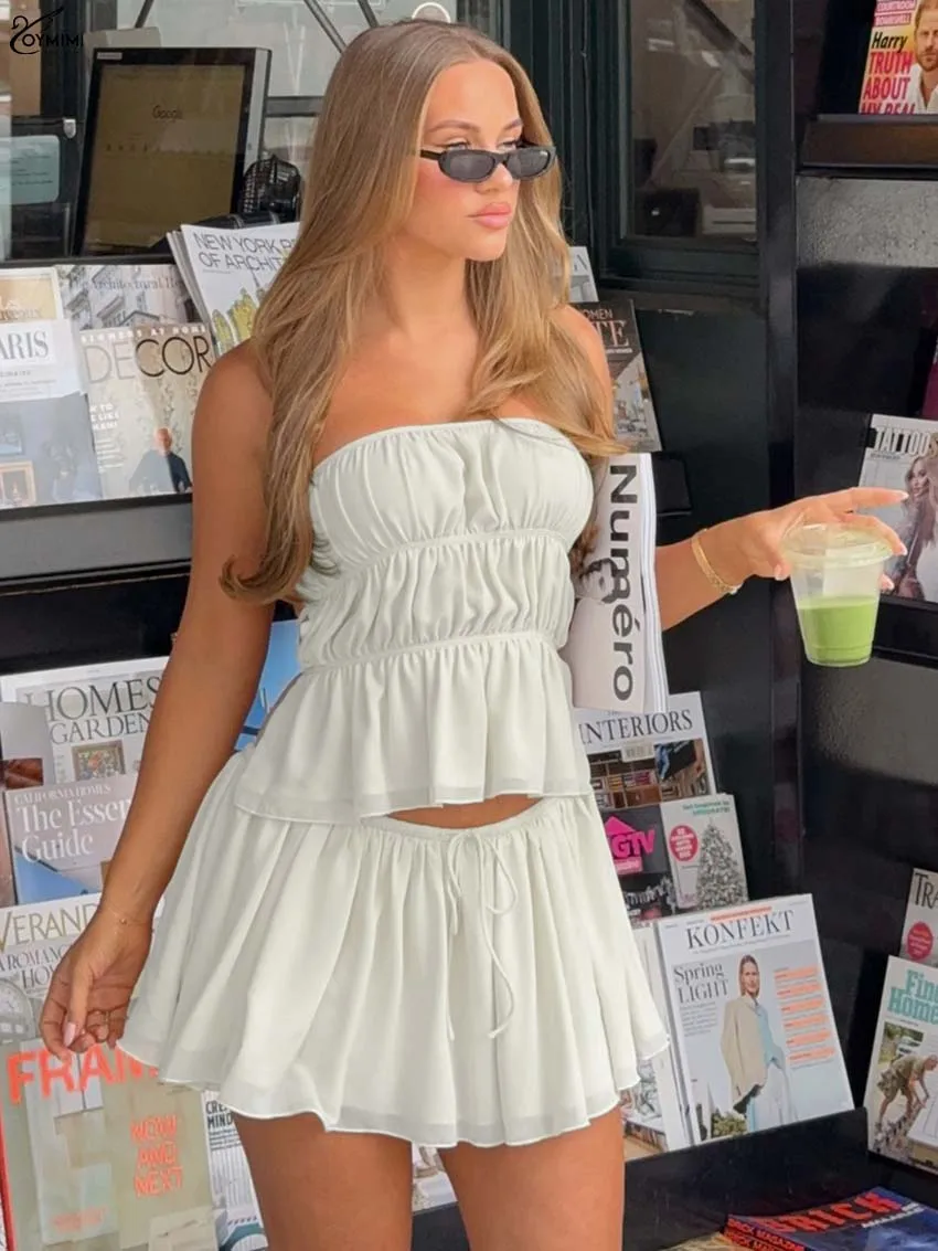 Oymimi Elegant Beige 2 Piece Sets Woman Outfit Fashion Strapless Open Back Lace-Up Tops And Drawstring Pleated Mini Skirts Sets