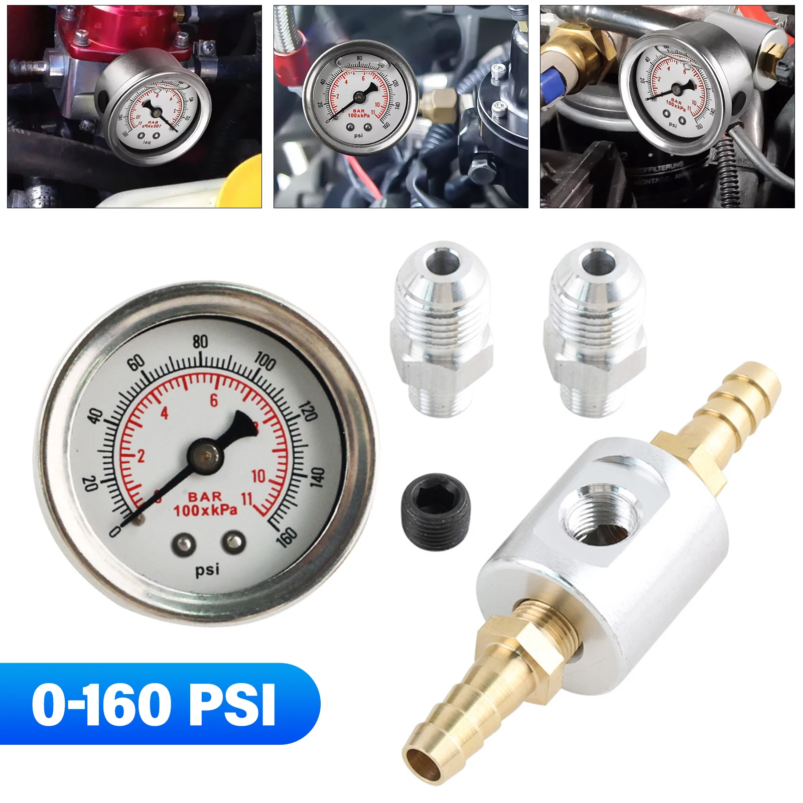 1/8 NPT Fuel Pressure Gauge 0-160 psi Liquid Filled Fuel Pressure Regulator Kit with Gauge Adapter 6AN 8mm Hose Fittings