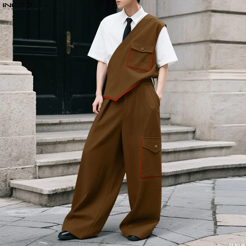 INCERUN Men Sets Patchwork Irregular Sleeveless Vests & Wide Leg Pants Two Pieces Sets Streetwear Loose Fashion Men Casual Suits