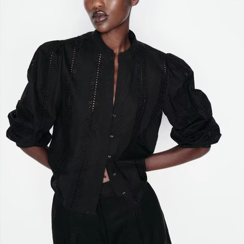 Sweet Sle Long Sve V-Ne Hollow out bordado irt ort Top para mujer primavera 2025 Z fibra de poliéster de corte recto