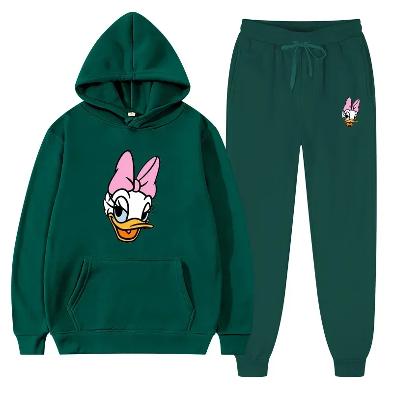 New Disney Daisy Duck Cartoon Print Casual Women\'s Pullover Long Pants Autumn Loose Hoodie+Pants 2 Piece Set