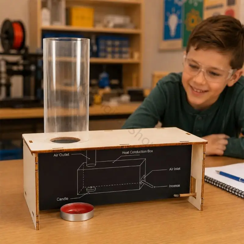 96BA Physics Teaching Aid for Airflow Observation, Wooden DIY Wind Formation Experiment Box With Inlet and Transparent Vertical
