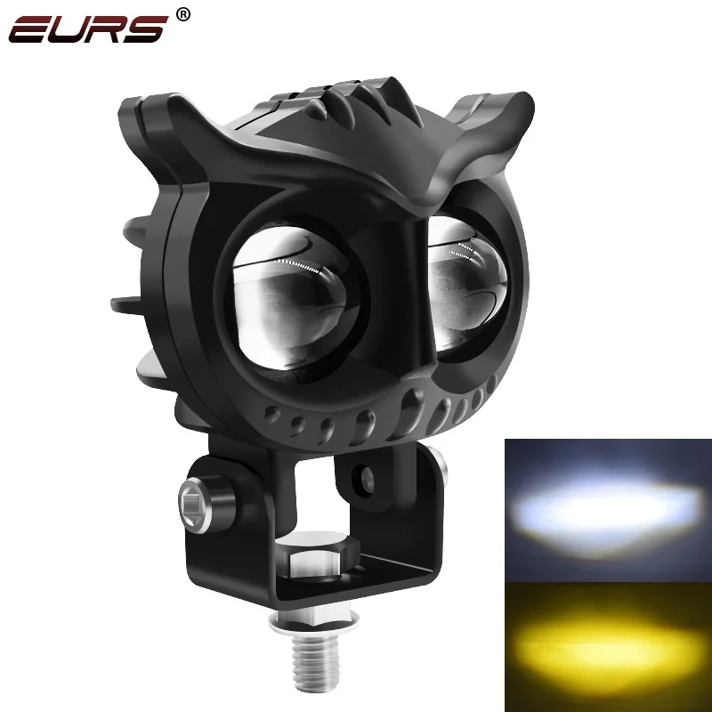 EURS 1PCS LED Motorcycle Spotlights Led Yellow White Owl Four Mode Strobe Motorcycle Lamp Universal Moto Headlight Spotlights